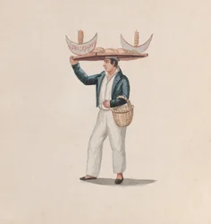 Un vendedor de tortillas equilibrando una bandeja en su cabeza, de un grupo de dibujos que representan a peruanos..., ca.