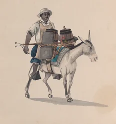 Un aguador montando un burro, de un grupo de dibujos que representan el traje peruano, ca. 1848