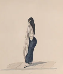 Una mujer con saya de perfil, de un grupo de dibujos que representan a peruanos, ca. 184