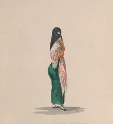 Una mujer con saya de perfil, de un grupo de dibujos que representan a peruanos