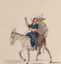 Un hombre y una mujer indios montando un burro, de un grupo de dibujos que representan peruanos, ca. 1848