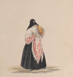 Una mujer elegantemente vestida, de un grupo de dibujos que representan el traje peruano, ca. 1848