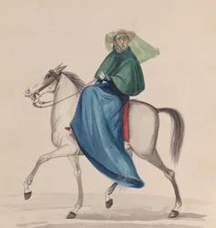 Una mujer elegantemente vestida a caballo, de un grupo de dibujos que representan peruanos