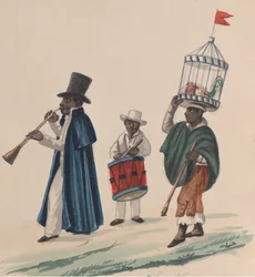 Dos músicos y un hombre llevando un gallo en una jaula sobre su cabeza, de un grupo de..., ca. 1848
