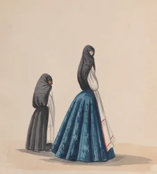 Dos mujeres vistiendo la saya vistas de perfil, de un grupo de dibujos que representan