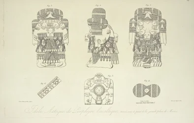 Ídolo azteca de pórfido basáltico, encontrado bajo la Gran Plaza de la Ciudad de México, grabado por Cloquet, ilustración de 