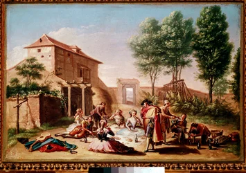 Almuerzo en el campo: jóvenes de la burguesía haciendo un picnic. Pintura de Francisco Bayeu y Subías