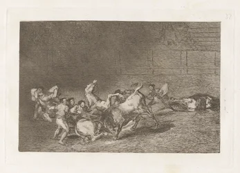 Dos grupos de picadores arrolados de seguida por un solo toro (Two Teams of Picadors Thrown One After the Other by a Single Bull), Plate 32 from La tauromaquia