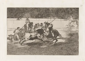El esforzado Rendon picando un toro, de cuya suerte muri? en la plaza de Madrid (The Forceful Rendon Stabs a Bull with the Pique, from which Pass He Died in the Ring of Madrid), Plate 28 from La tauromaquia