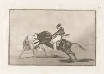 El mismo Ceballos montado sobre otro toro quiebra rejones en la plaza de Madrid (The Same Ceballos Mounted on Another Bull Breaks Short Spears in the Ring at Madrid), Plate 24 from La tauromaquia