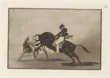 El mismo Ceballos montado sobre otro toro quiebra rejones en la plaza de Madrid (The Same Ceballos Mounted on Another Bull Breaks Short Spears in the Ring at Madrid), Plate 24 from La tauromaquia