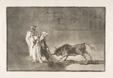 Lámina 6 de «La tauromaquia»: Los moros hacen otro capeo en plaza con su albornoz, 1816.