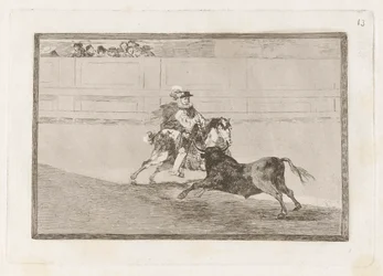 Un caballero español en plaza quebrando rejoncillos sin auxilio de los chulos (Un caballero español montado en el ring rompiendo lanzas cortas sin la ayuda de asistentes), Lámina 13 de La tauromaquia