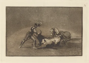 Un caballero español mata un toro despues de haber perdido el caballo (A Spanish Knight Kills the Bull after Having Lost his Horse), Plate 9 from La tauromaquia