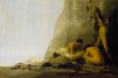Caníbales preparando a sus víctimas, o Los cuerpos de Jean de Brebeuf y Gabriel Lallemant desollados por los iroqueses en 1649, c.1800-08 (óleo sobre tabla)