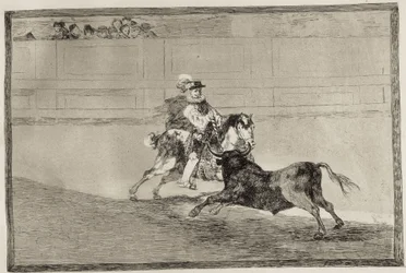 Un caballero español montado en la plaza rompe lanzas cortas sin ayuda de asistentes. 1816. España. Madrid (Comunidad Autónoma). Madrid. Biblioteca Nacional