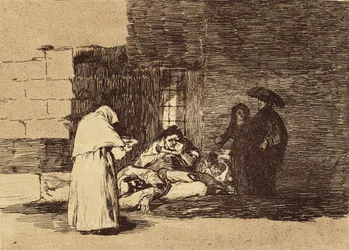 GOYA Y LUCIENTES, Francisco de (1746-1828). La caridad de una mujer. 1810-1820. (15,5 x 20,6 cm). Lámina 49 de "Los desastres de la guerra". Aguafuerte. ESPAÑA. MADRID (COMUNIDAD AUTÓNOMA). Madrid. Biblioteca Nacional