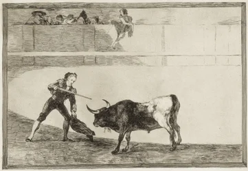 Pedro Romero matando al toro detenido. 1816. (25,1 x 35,9 cm). Pedro Romero (1754-1839). Torero español. Lámina 30 de «El arte de la tauromaquia». España. Madrid (Comunidad Autónoma). Madrid. Biblioteca Nacional