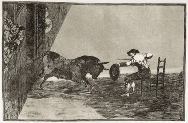 El atrevimiento de Martincho (probablemente Antonio Ebassum) en la plaza de Zaragoza. 1816. (24,9 x 35,7 cm). Lámina 18 de «El arte de la tauromaquia». España. Madrid (Comunidad Autónoma). Madrid. Biblioteca Nacional