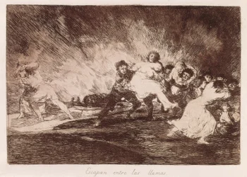 Escapan entre las llamas. 1810-1812. (16,1 x 23,3 cm). Lámina 47 de «Los desastres de la guerra». España. Madrid (Comunidad Autónoma). Madrid. Biblioteca Nacional