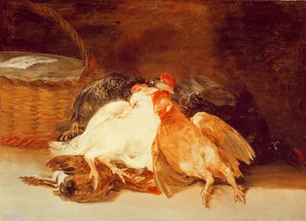 Naturaleza muerta con pollos muertos y una cesta de mimbre