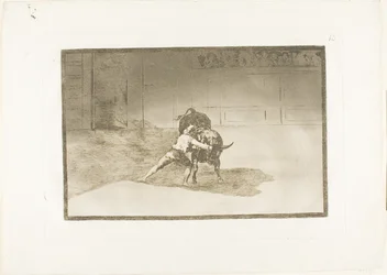 El famoso Martincho coloca las banderillas, jugando con el toro con el movimiento de su cuerpo, lámina 15 de El arte de la tauromaquia