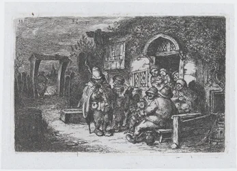 Placa 18: músicos callejeros y otras figuras fuera de una taberna, de la serie de costumbres..., 1850
