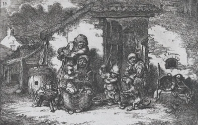 Placa 19: una familia y un niño jugando con un perro fuera de una casa, de la serie de costumbres, 1850