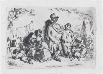 Placa 2: un grupo de personas en la calle, posiblemente mendigos, de la serie de costumbres y..., 1850