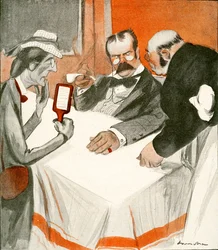Una pareja inglesa luchando con el menú en un restaurante francés, 1903