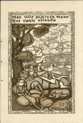 Ilustración de Francisco Sancha Lengo (1874-1936) - Hoja volante, ca. 1915 - Más vale pájaro en mano que ciento volando - Guerra de 14-18, Alemania Prusia, Beligerantes y símbolos, Victoria, Paz, Idioma español, Prensa extranjera