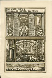 Ilustración de Francisco Sancha Lengo - Hoja volante, circa 1915 - En casa llena presto se guisa la cena - Guerra de 14-18, Cañones, proyectiles, Fábricas industriales, Idioma español, Movilización, Prensa extranjera