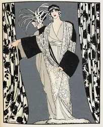 Blanc et noir. Una mujer con un traje diseñado en 1855 por John Redfern, ilustración de "La Gazette du Bon Ton"