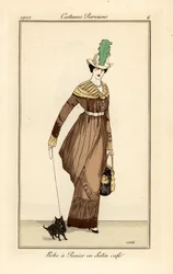 Mujer con vestido de panier en satén color café con perro, grabado del Journal des Dames et des Modes de Tommaso Antongini, Aux Bureaux du Journal des Dames, París