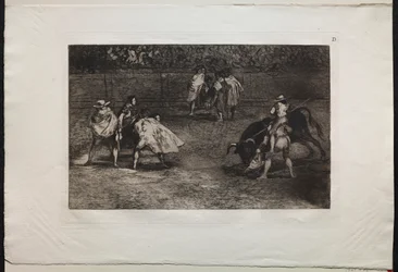 Corridas de toros: Un torero montado en los hombros de un asistente, lanceando un toro, 1876