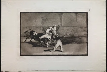 Corridas de toros: un moro cogido por un toro en la plaza, 1876.