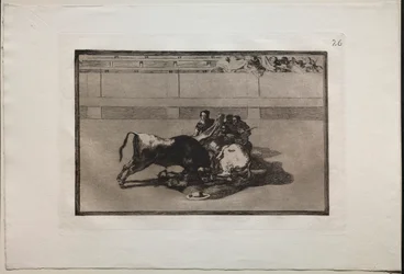Corridas de toros: Un picador es desmontado y cae bajo el toro, 1876