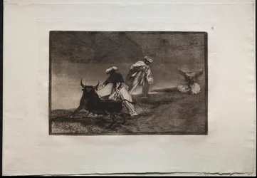 Corridas de toros: Juegan con otro con la capa en un recinto, 1876