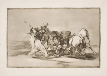 Los moros que se establecieron en España y abandonaron la superstición del Corán adoptaron este arte de cazar y alancear un toro en la llanura