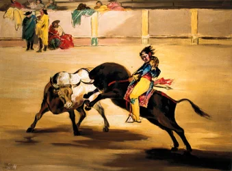 Mariano Ceballos llamado "el Indio" en la espalda de un toro rompe su pica en las arenas de Madrid, c. 1810