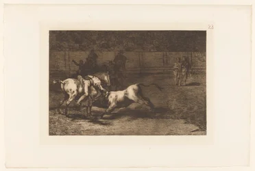 Mariano Ceballos doodt een stier Mariano Ceballos, alias El Indio, mata el toro desde su caballo Stierengevechten (series title) La Taureaumachie (series title) La Tauromaquia (series title)