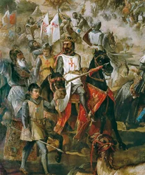 Reconquista de España: Batalla de Las Navas de Tolosa el 16/07/1212 entre el ejército cristiano y el ejército de los moros. Detalle que representa al rey Alfonso VIII. Pintura de Francisco de Paula Van Halen (1810-1887). 1864.Madrid. Palacio del Senado.