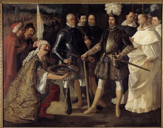 Reconquista: La rendición de Sevilla ante Fernando III Rey de Castilla y León, los moros entregaron las llaves de la ciudad al rey de Castilla el 22/12/1248