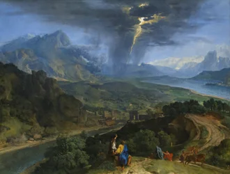 Paisaje montañoso con relámpagos, c.1675 (óleo sobre lienzo)