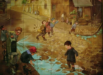 Azulejos que representan a niños jugando en la calle (cerámica vidriada)