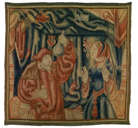 Fragmento de tapiz que representa un interior con médico y mujer, Beaute, francés o flamenco, realizado a principios del siglo XVI (lana)