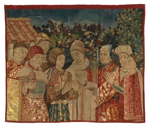 Fragmento de tapiz no identificado con ocho figuras, Una Disputa posiblemente, 2ª mitad del siglo XV (lana)