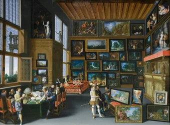 Cognoscenti en una sala colgada de cuadros, c.1620 (óleo sobre roble)
