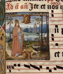 MS.41.f.84r Dios rodeado de pájaros y animales, Antífona para Septuagésima