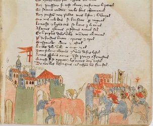 Ms Est 27 W 8.17 f.6r Campesinos entrando en una ciudad con su ganado y la llegada del ejército de Atila, de La guerra de Atila por Nicola da Casola
